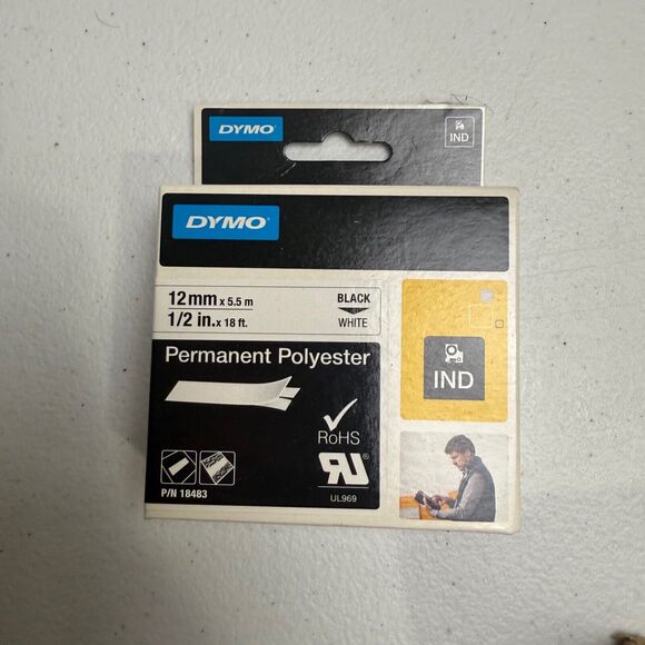 DYMO 18483 1/2" 12mm Black to White Permanent Polyester Label Tape NEW - Picture 1 of 3